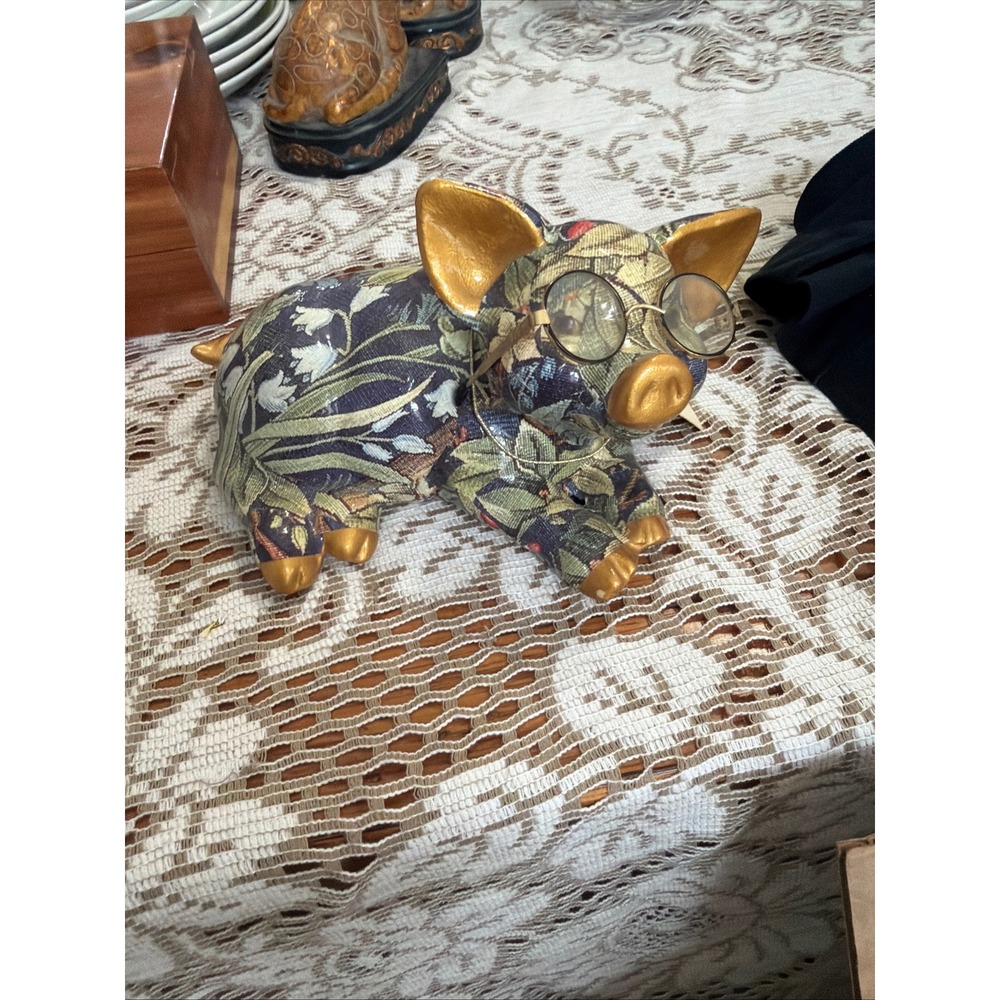 Decoupage Designs England Floral Pig Figurine with Glasses hand Made